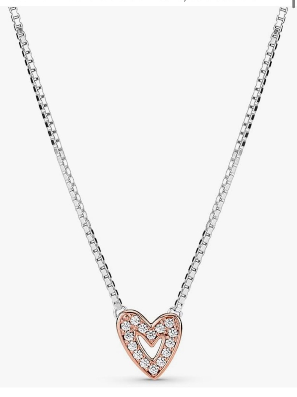 Pandora Silver chain Necklace with Rose gold pavé heart pendant